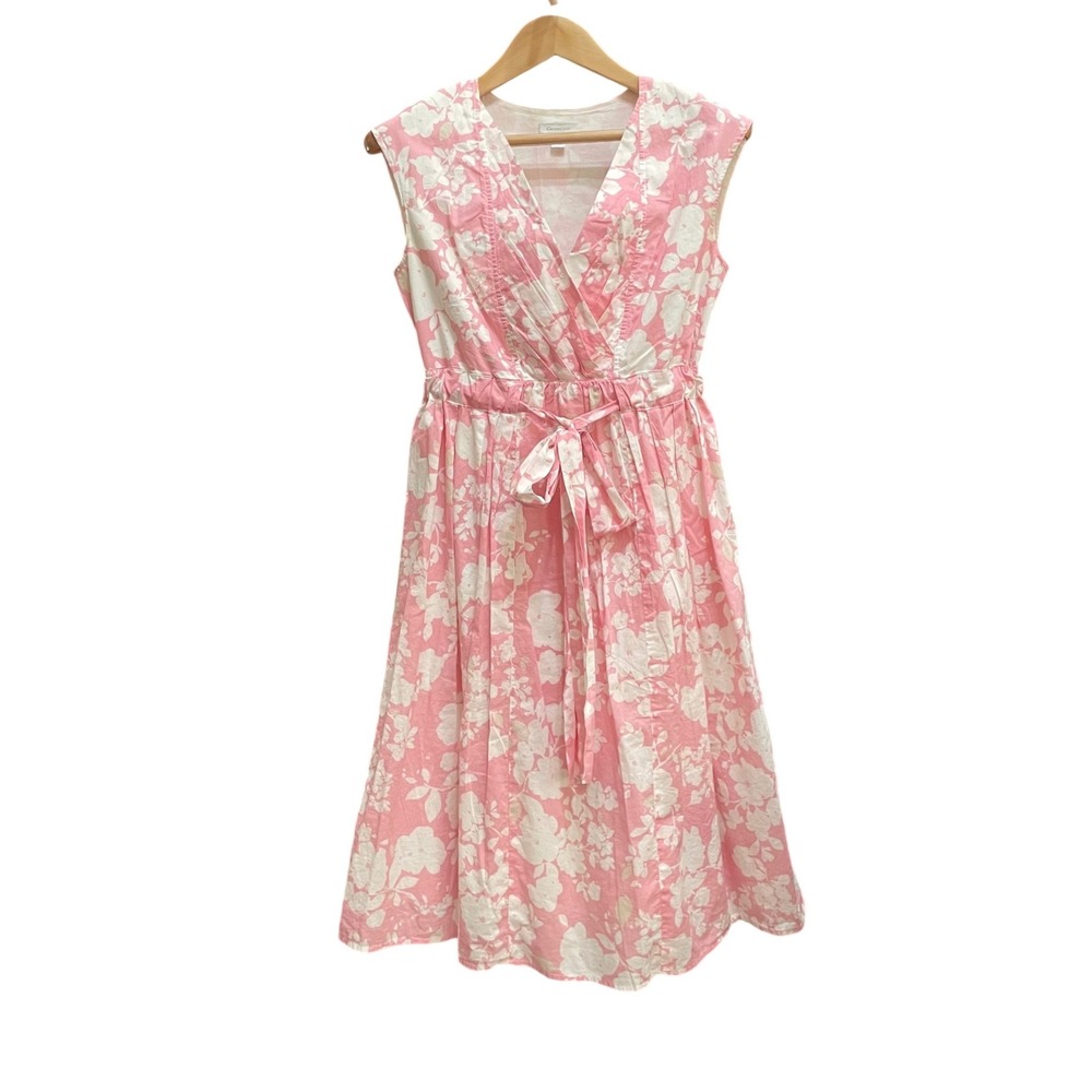 Garnet Hill Pink White Floral Cotton Surplice Midi Dress Petite 6P 24410